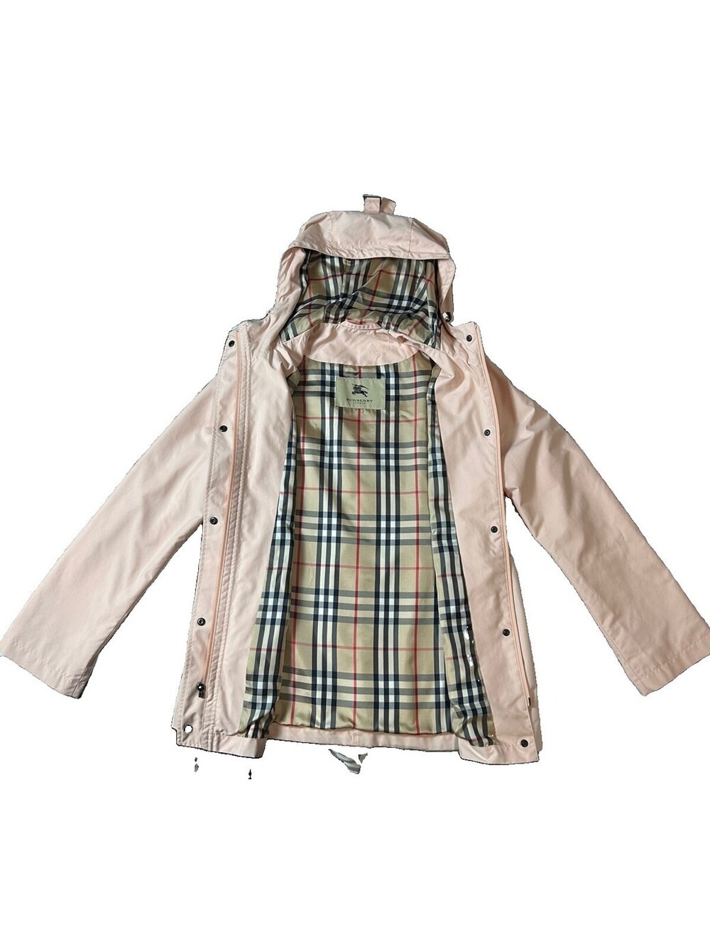 Burberry Women’s Light Pink Hooded Raincoat Jacket Nova Check Lined Coat Sz M